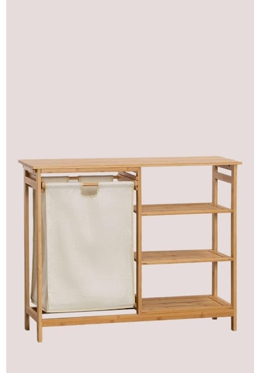 Digithome Bambu 3 Raflı 1 Bölmeli Kirli Sepetli Banyo Düzenleyici Çamaşır Sepeti Organizer Db-0008 Ahşap