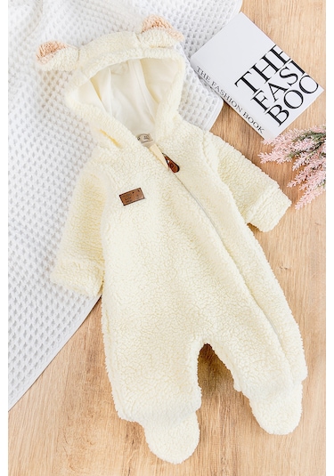 Kapüşonlu Welsoft Peluş Kışlık Kız/erkek Bebek Tulum Krem