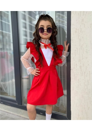 Kız Çocuk Gömlek / Salopet Kırmızı Takım Çok Renkli