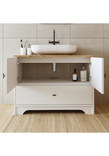 Oval Lavabolu Ayaklı 2 Kapaklı Çekmeceli Mdf 100 Cm Banyo Aria Atlantik Çam - Beyaz