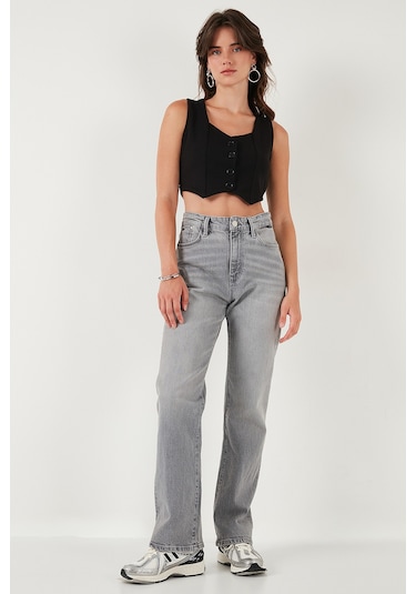 Lela Slim Fit Kalp Yaka Düğmeli Kalın Askılı Crop Bayan Yelek 5865497 Siyah