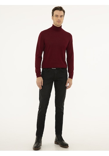 Cacharel Bordo Slim Fit Balıkçı Yaka Basic Triko Kazak Kırmızı