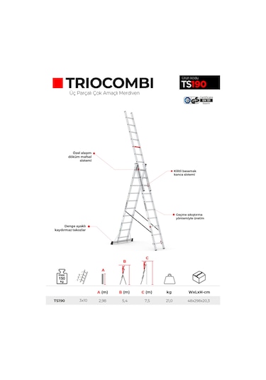 Çağsan TS190 3 x 10 Basamaklı Triocombi Üç Parçalı Çok Amaçlı Merdiven