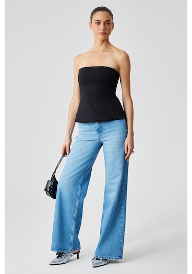 ORIANA Kadın Slim Fit Straplez Siyah Bluz