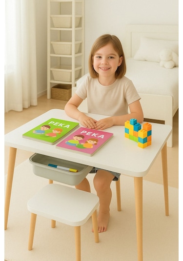 Çocuk Çalışma Oyun Etkinlik Ve Aktivite Masası Tek Tabureli Sepetli Mdf Ahşap Beyaz