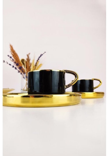 Digithome Kosova Porselen 2 Kişilik Yaldızlı Kahve Fincan Takımı Siyah - İst-85