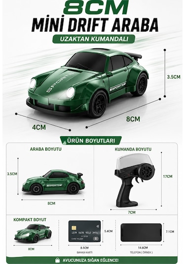 8cm 1:64 Ölçek Uzaktan Kumandalı Drift Araba Led Işıklı Şarjlı Oyuncak Yeşil
