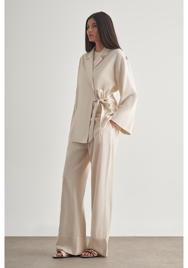 Mizalle Keten Karışımlı Anvelop Bağlı Bej Rengi Kimono Ceket Bej