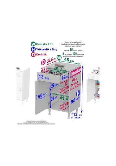 Emir 45 X 88 X 32,5 Cm Mutfak Dolabı 1 Çekmece 1 Kapak 1 Raf 2 Gözlü Organizatör Çok Amaçlı Dolap Beyaz
