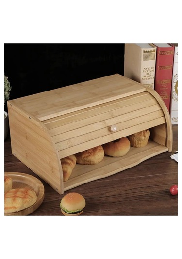 Bambu Rulo Kapaklı Ekmek Kutusu Doğal, Şık Ve Dayanıklı Ekmek Saklama Dolabı 40x27x18 Cm Bambu