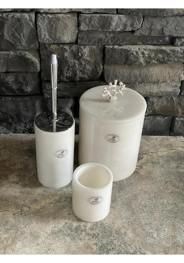 Beyazı Mermer Çöp Kovası, Wc Fırçalığı, Diş Fırçalık 3,lü Set Beyaz