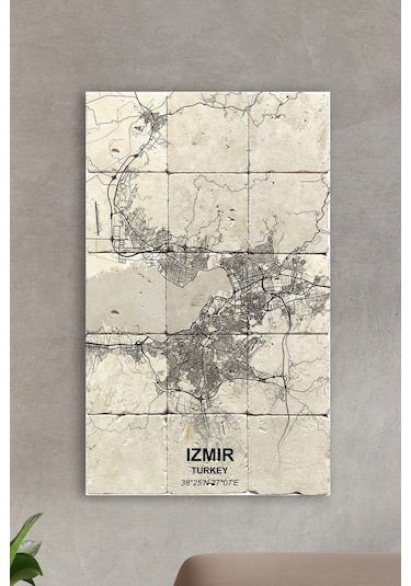 Doğal Taş Tablo - Izmir Haritası - Duvar Dekoru 30x50cm