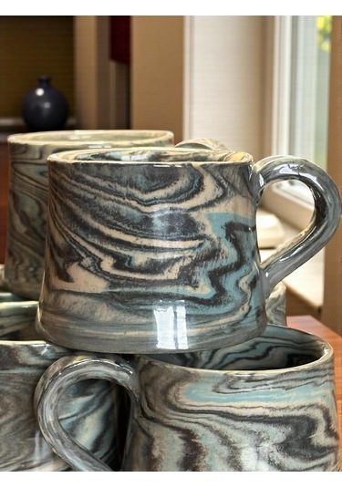 2'li Nerikomi El Yapımı Stoneware Fincan Siyah - Krem - Açık Mavi