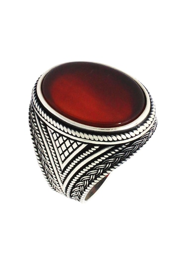 Örgü Tasarım Düz Kesim Akik Taşlı Gümüş Erkek Yüzük
