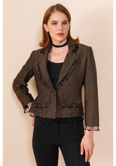 Serpil Exclusive Kadın Püskül Detaylı Kısa Blazer Ceket Kahve