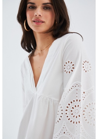 Peraluna Hiromi Dress %100 Pamuk 3/4 Kol Diz Hizası Yazlık Kadın Beyaz