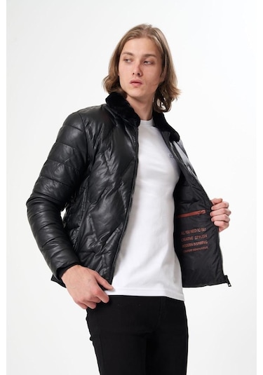 Erkek Yakası Kürklü Deri Mont Siyah Acı Kahverengi