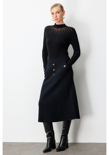 On Kadın Düğmeli Triko Etek 65207 Siyah Siyah