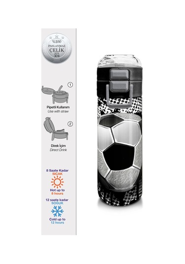 Coral High Kids Futbol Desenli Pipetli Ve Direkt İçim Çelik Termos 500 Ml 31816 Gümüş