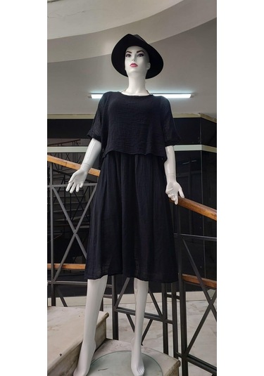 İtalyan Müslin Keteni Üstü File Bluzlu Astarlı Tek Parça Elbise Siyah