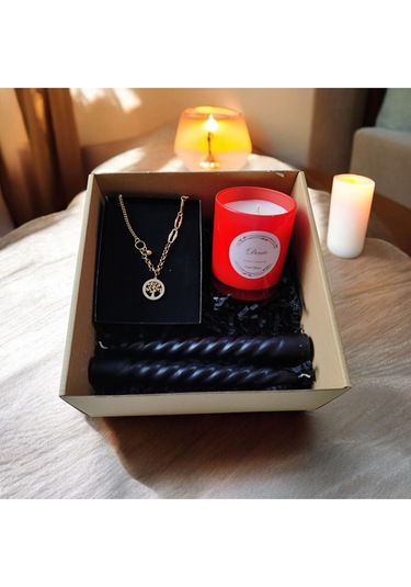 Denic Hediye Seti Kokulu Kırmızı Bardak Mum Yaşam Agacı Kolye Burgulu Mum