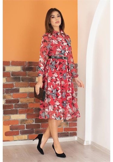 Neşeli Butik Kadın Kırmızı Kemerli Çiçek Desenli Şifon Elbise Ry0031 Bordo