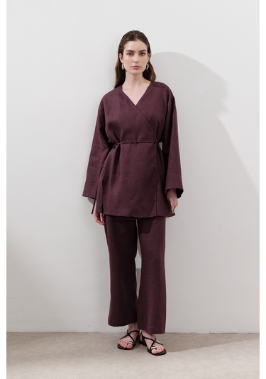 Keten Kruvaze Kapama Kimono Mürdüm Mürdüm