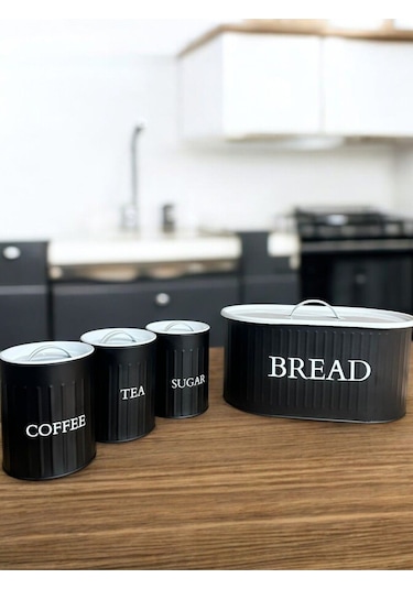 4 Lü Ekmeklik Set Metal Kapak Çay Kahve Şeker Tezgah Üstü Dolap İçi Set Saklama Kabı Syh-byz Siyah - Beyaz