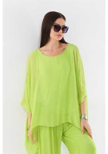 İtalyan Yarasa Kollu İpek Bluz Fıstık Yeşili