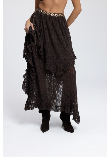 Mireya Asimetrik Kahve Dantel Etek Kahve