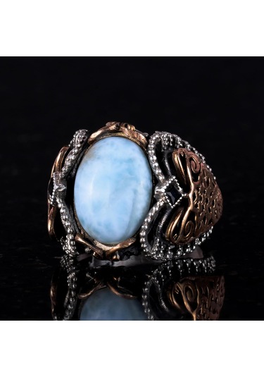 Doğal Larimar Taşlı Yüzük, 925k Saf Gümüş Erkek Yüzüğü, Okyanus Sakinliği Tasarımı Gümüş
