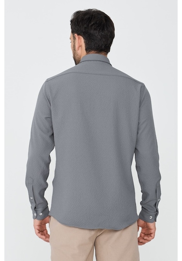 White Stone Gri Mikro Desenli Dynamic Fit Uzun Kollu Gömlek