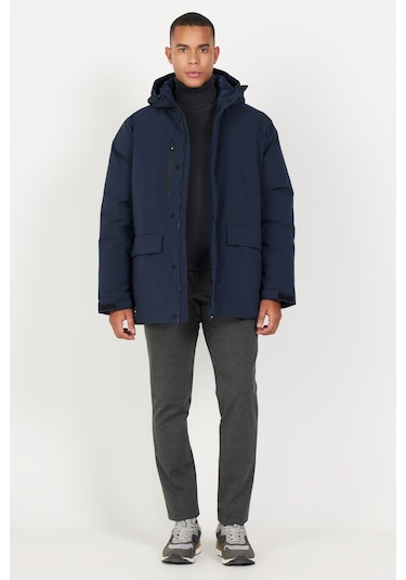 Ac&Co / Altınyıldız Classics - Erkek Lacivert Kapüşonlu Dik Yaka Standart Fit Kaban Lacivert