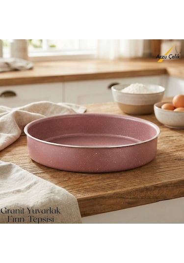 32 Cm Granit Yuvarlak Fırın Tepsisi - Pembe Pembe