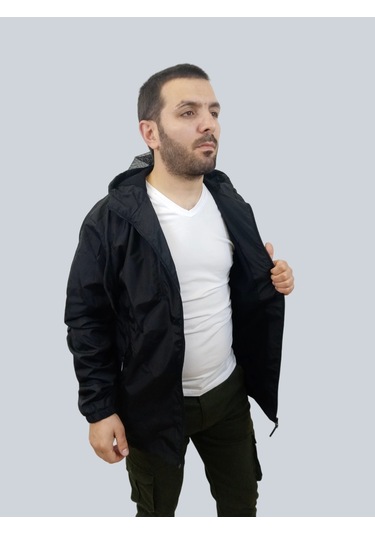 Erkek Kapüşonlu File Detaylı Siyah Yağmurluk Siyah