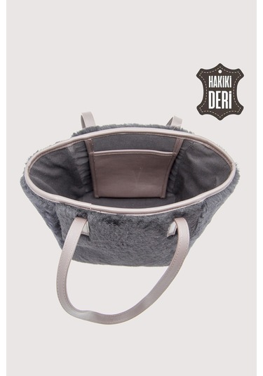 Hakiki Deri Kürklü Kadın El Çantası Siyah Smr9152 Siyah