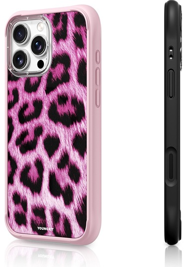 İphone 16 Pro Uyumlu Kılıf M-safe Şarj Özellikli Youngkit Leopard Serisi Kapak Pembe