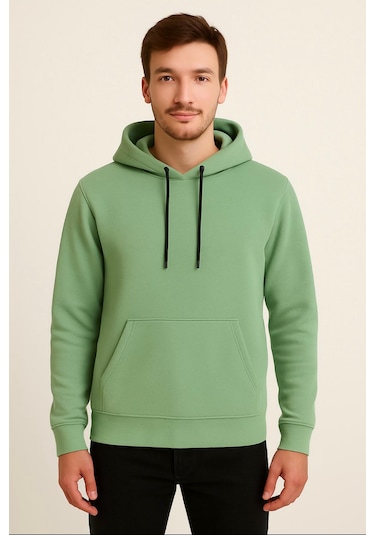 Axxel Erkek Yeşil Kapüşonlu Sweatshirt-w1108 Yeşil 3 İplik Şardonlu