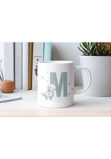M Harfi Sevimli Dinozor Kupa Bardak - Açık Yeşil Yıldız Detaylı Dino Tasarım - Hediye Beyaz