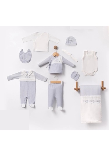 Tren Nakışlı Bebe Erkek Hastane Çıkışı 10'lu Set Mavi