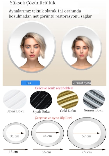 Safir Ahşap Beyaz Yuvarlak Ayna Işlemeli Duvar Banyo Aynası 69 Cm