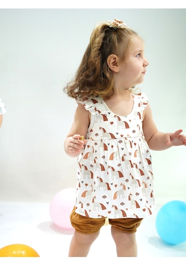 Kidaxi Unicorn Temalı Bluz Şort Takım 3-6/6-9/9-12/18-24 Ay Kahve