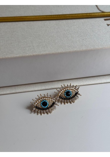 Göz Figürlü Nazar Boncuğu Detaylı Taşlı Küpe Altın Renk Kadın Çelik Takı Altın