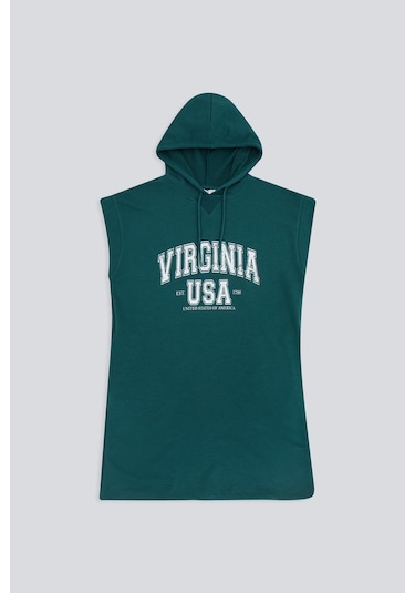 BASKILI KAPÜŞONLU ELBİSE PETROL YEŞİLİ Petrol Yeşili