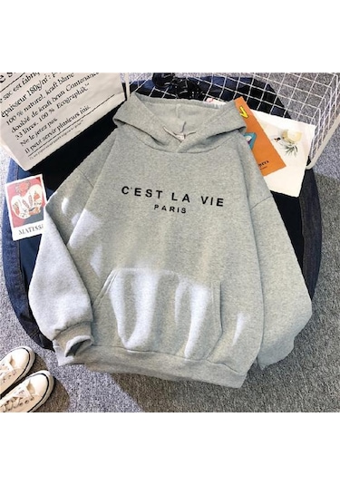 Yeşil Uzun Kollu Ön Cep İpli Polar Astar Svetşört Sonbahar Kış Mektup Baskılı Gevşek Kadın Kazak Streetwear Yeşil