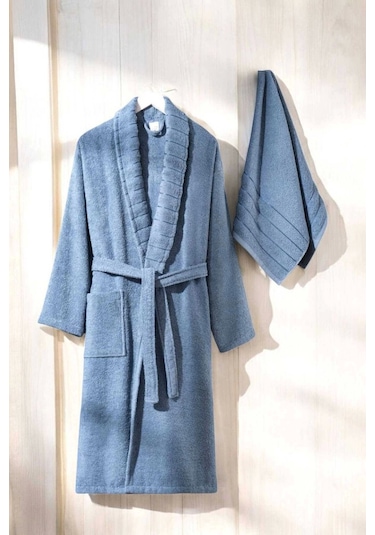 Aqualoom Lüx Erkek Bornoz Ve Havlu Seti %100 Pamuklu Mavi S-m Diğer