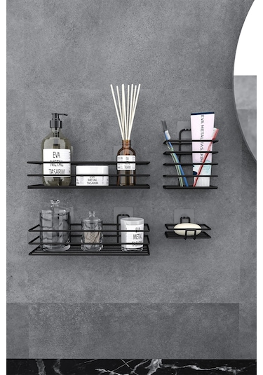 Eva Metal Tasarim Yapışkanlı Banyo Seti Duş Rafı + Sabunluk + Diş Fırçalık Metal Set Siyah