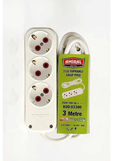 Amiral 3' Lü Topraklı 3 Metre Kablolu Grup Priz Standart