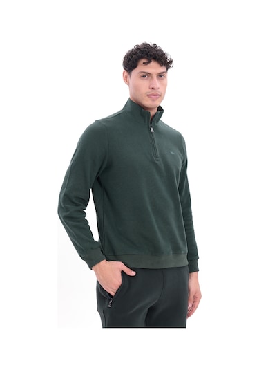 Rowinger Yarım Fermuarlı Dik Yaka Selanik Örme Erkek Sweatshirt Darkgreen