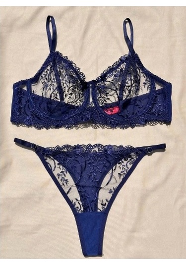 Arona Kadın C Cup Balenli Çiçek Desenli Lacivert Sütyen Takımı - 136 Lacivert